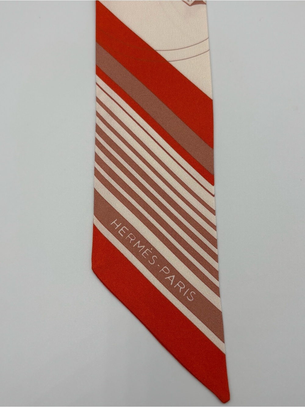 Hermes Ex-Libris Twilly Silk Scarf Creme Orange Beige Blue Carriage Stripe Print - Picture 4 of 6